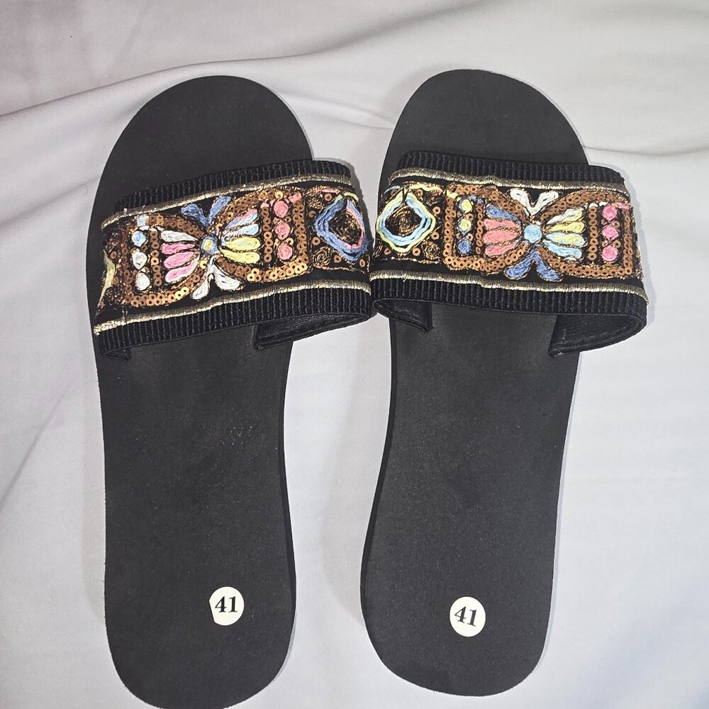 Shein Black Slide Sandals W Embroidered Sequin Design Size Euro 41